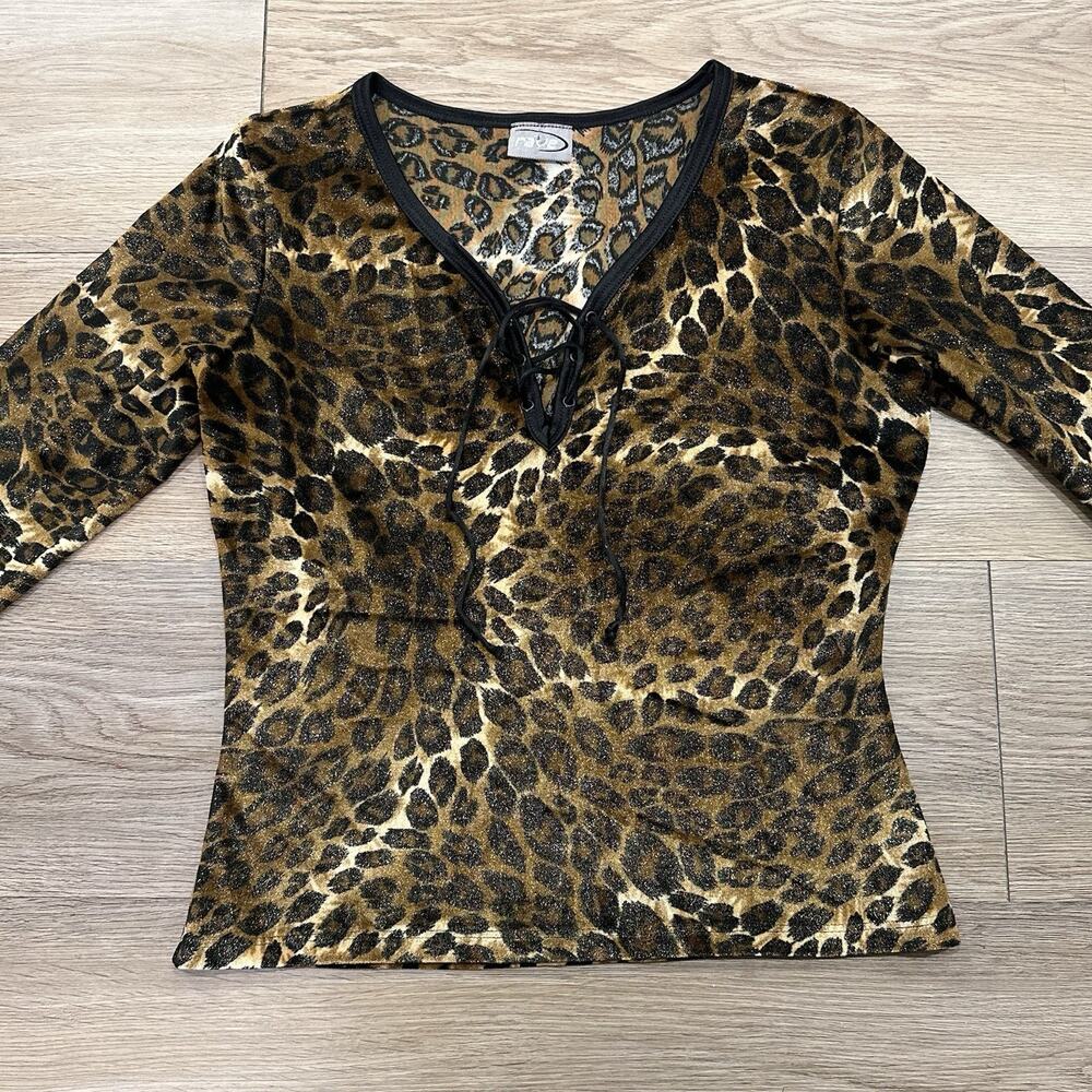Vintage 90s Rave Leopard Print Top S/M Lace Up ClubWear Disco Whimsigoth Y2K EUC
